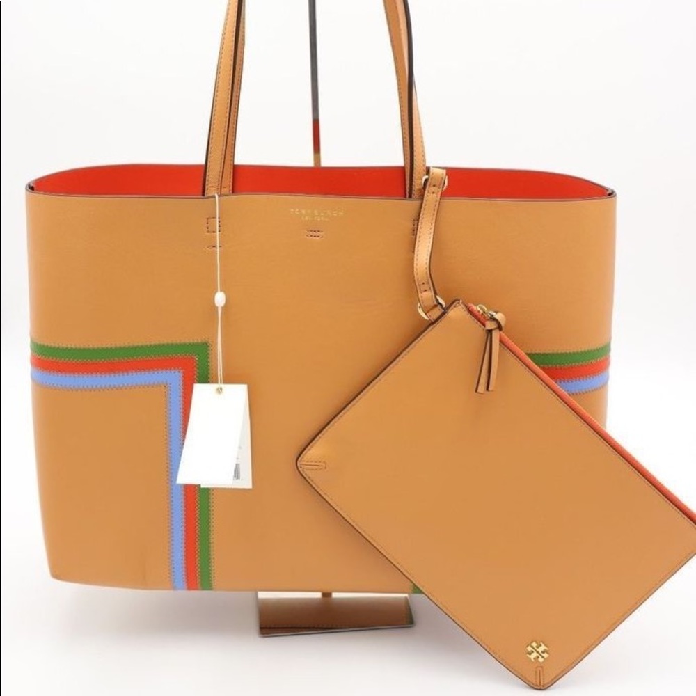 Block-T Striped Leather Tote Bag, Crema